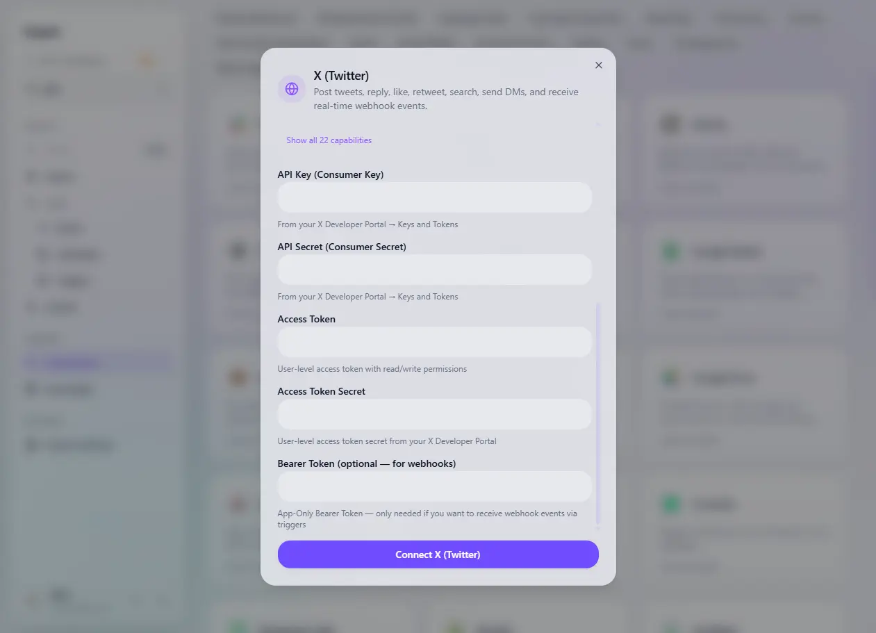 Orqestr — X integration setup dialog