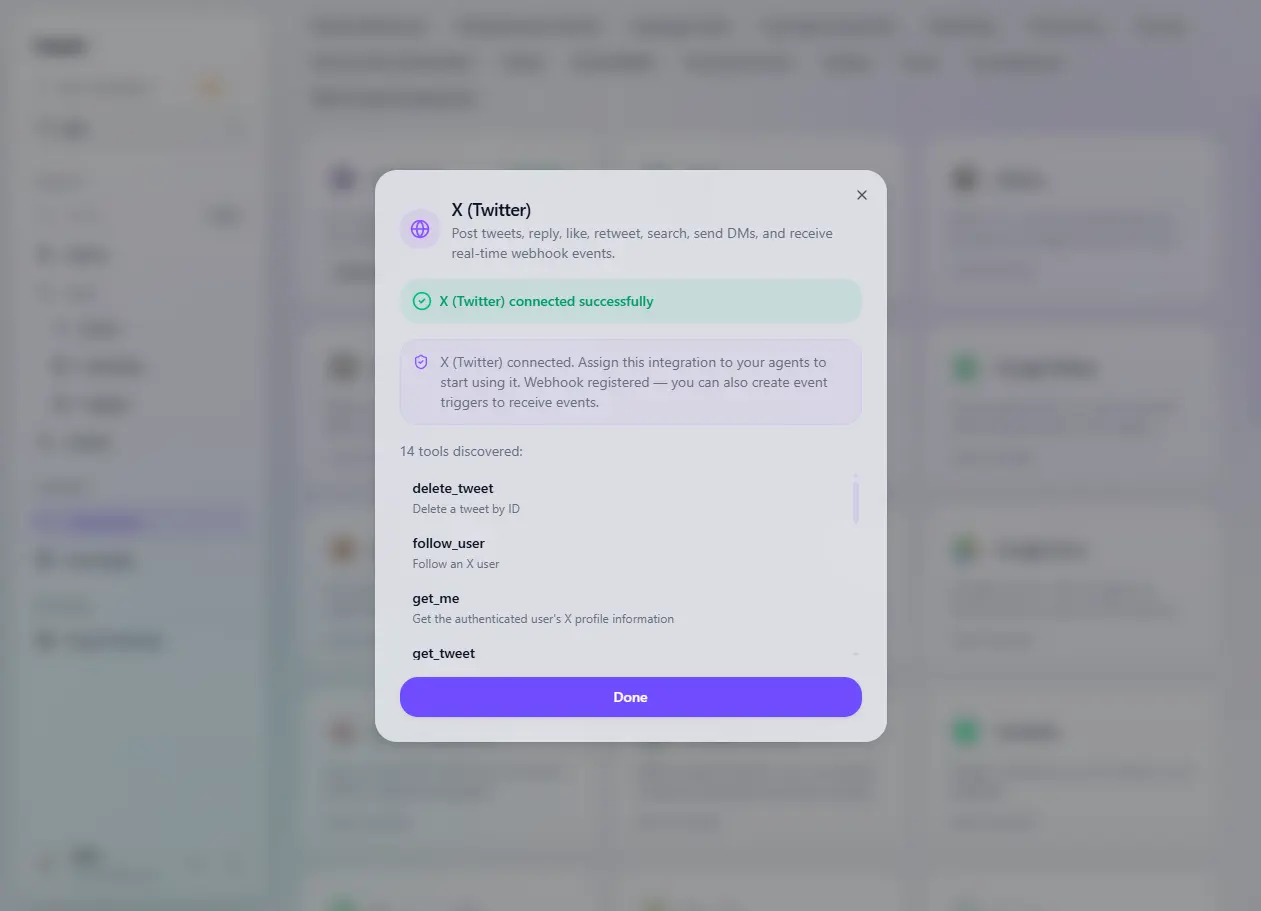 Orqestr — X integration setup dialog