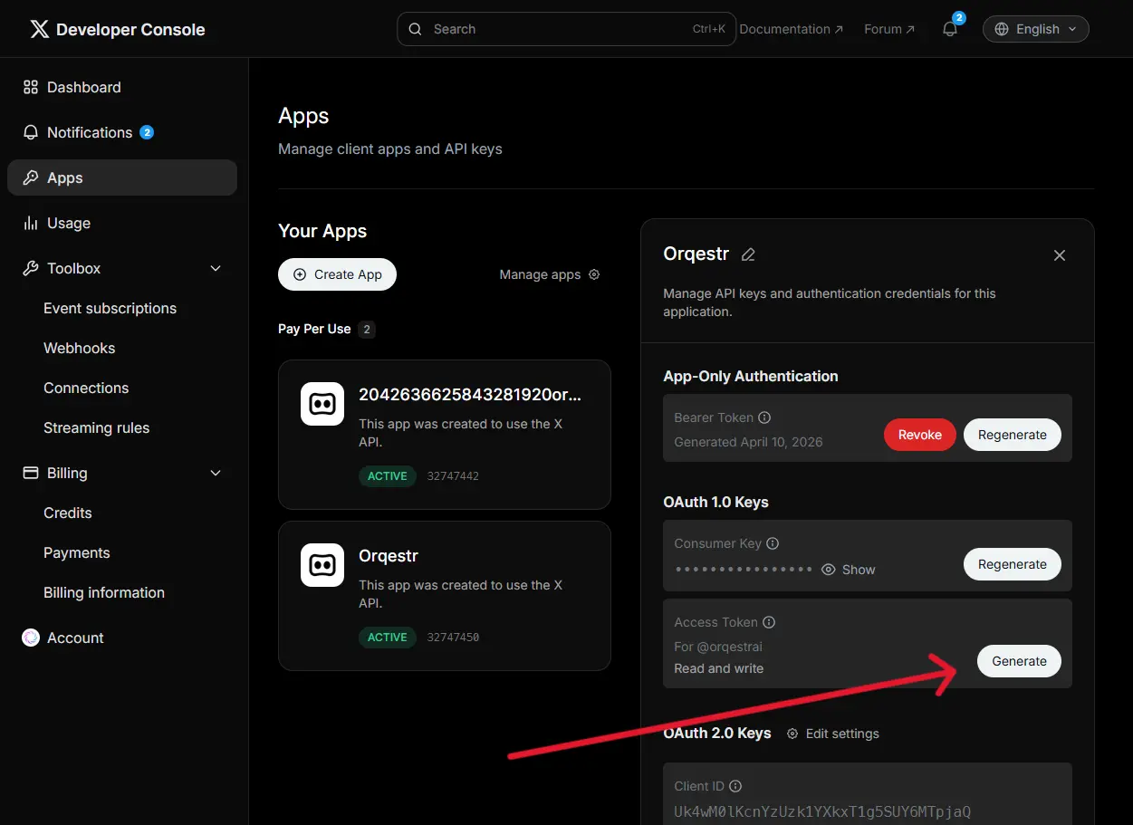 X Developer Portal — access token generation