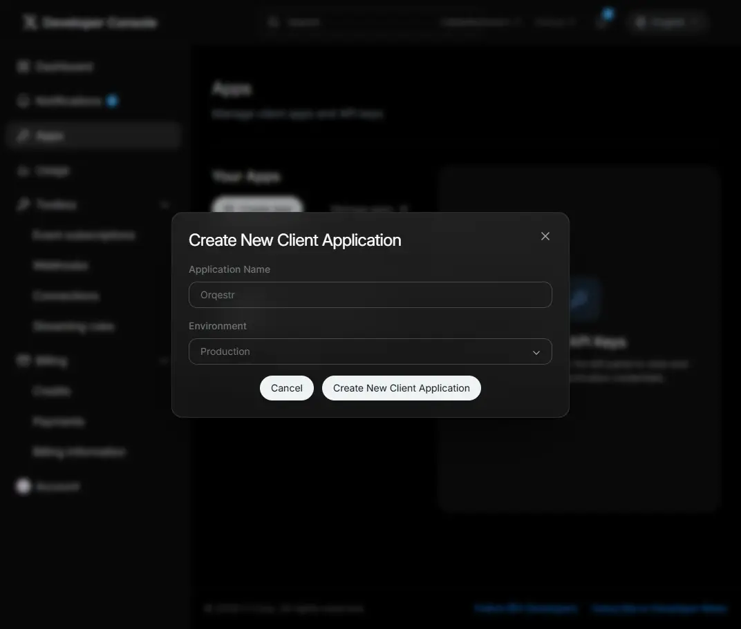 X Developer Portal — create a new app