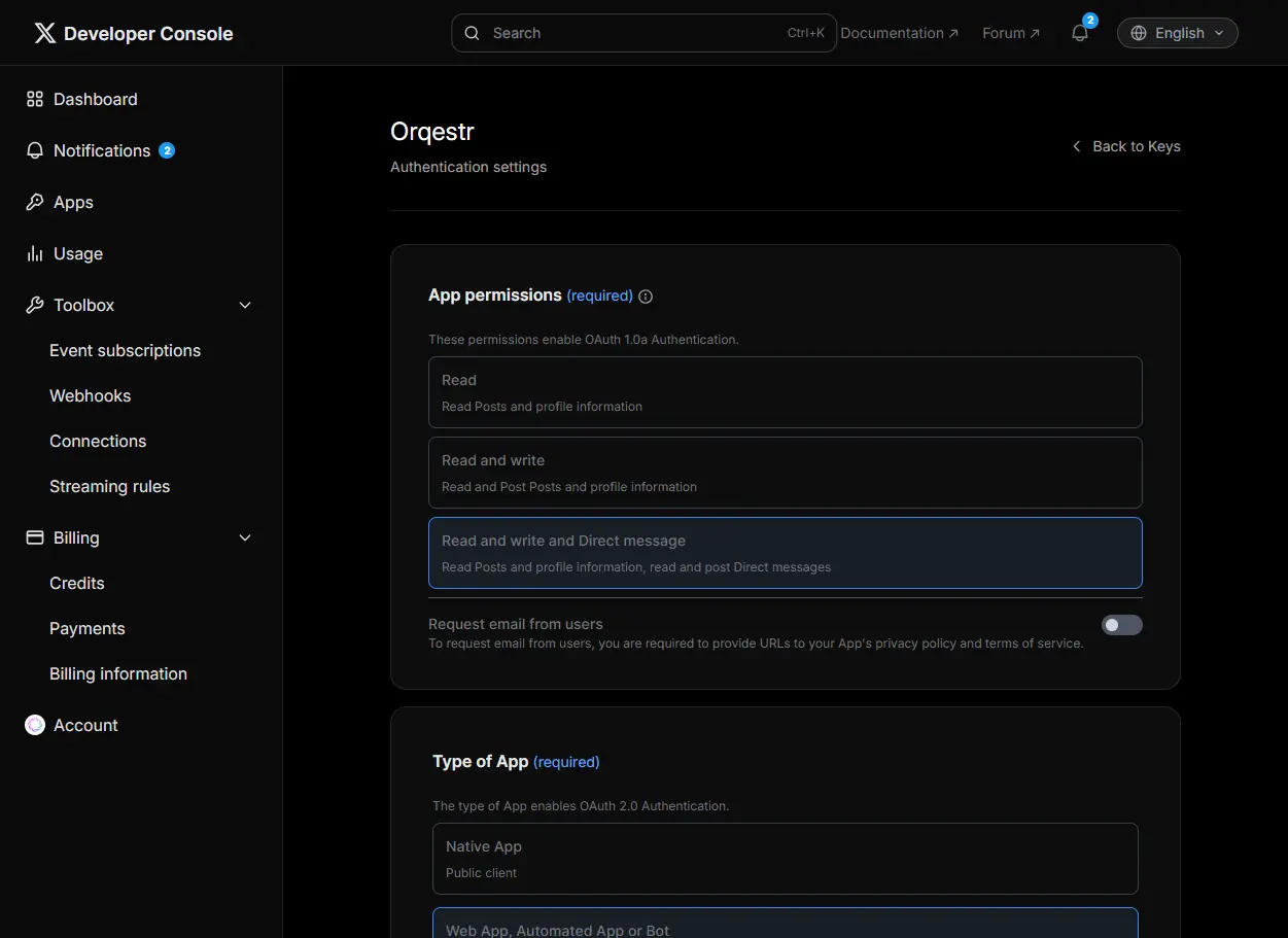 X app settings — user authentication setup