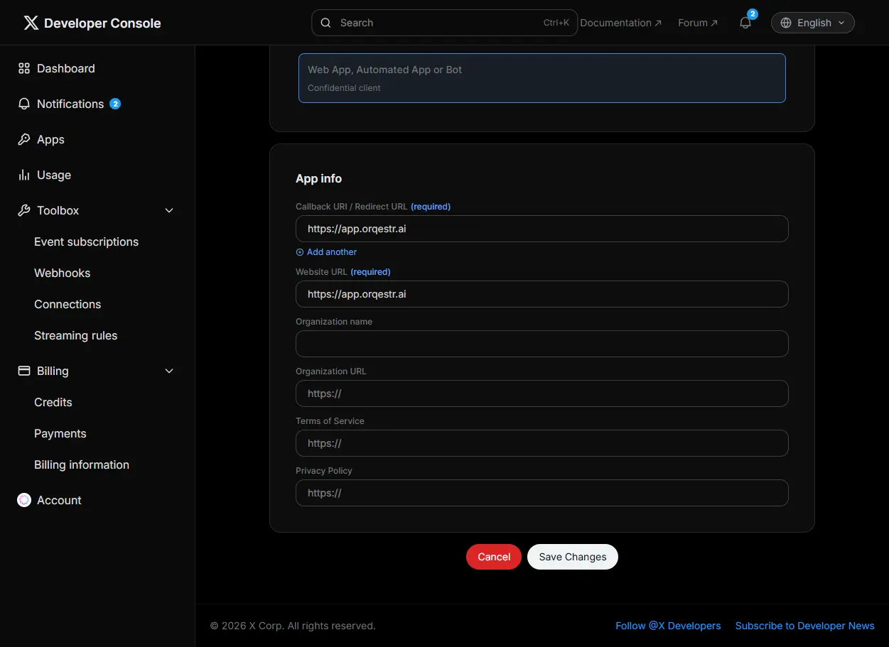 X app settings — user authentication setup