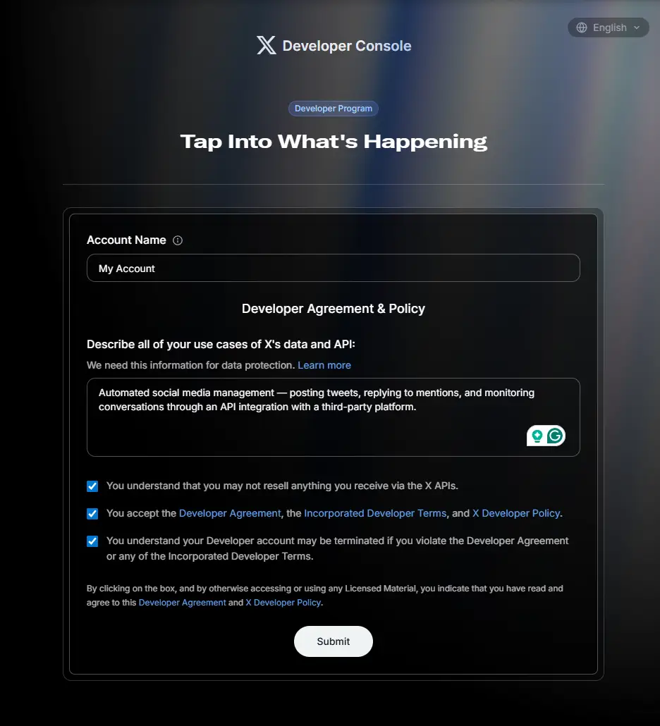 X Developer Portal — developer account signup form